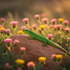 A green lizard rests on sun-warmed stone, its scales glowing against desert blooms opening to morning light.