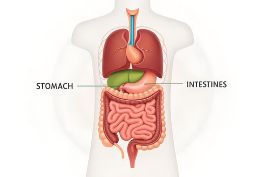 Human anatomy digestive system diagram with stomach intestines and liver view