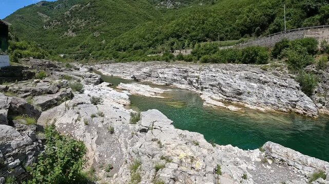 Albania- Shkoder County- Albanian Alps- Theth National Park- Theth river. Beautiful nature river landscape scenery background 
