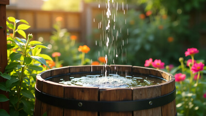 Rain barrel collecting water in backyard garden. An eco-friendly water conservation scene in a natural setting.