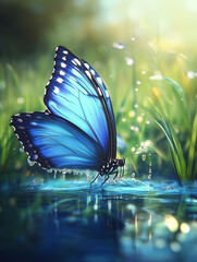 Blue butterfly resting on water surface, serene nature scene, macro photography
