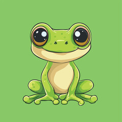 Adorable Cartoon Frog with Large Eyes Sitting Frontally