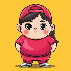 Adorable Cartoon Girl in Red Outfit with Oversized Eyes and Cap