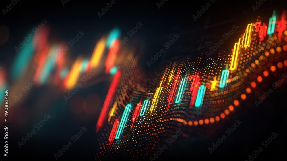 Poster colorful light pattern representing visual dynamics of economic pullbacks and market fluctuations in