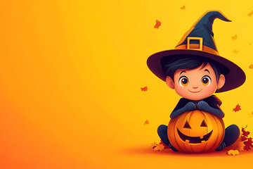 Fototapeta premium Cheerful child in witch costume sitting on a pumpkin surrounded by autumn leaves on a bright background