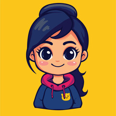 Adorable Cartoon Girl with Dark Hair and Smiling Face in Hoodie