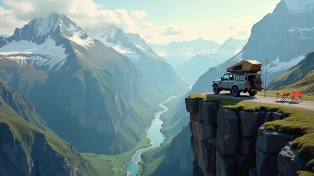 Camping SUV parked on a cliff edge with rooftop tent and chairs, overlooking majestic alpine mountains and river valley during overlanding adventure.