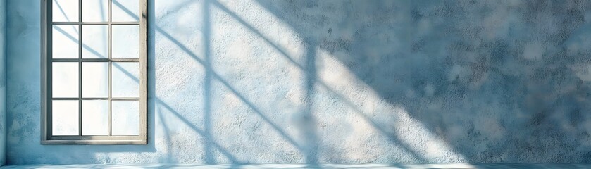 Light and shadow through a window pane on a light blue wall.