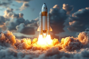 Rocket launch against a dramatic sky with clouds at dusk