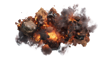 Explosive eruption of rocks and debris transparent background isolated environmental destruction visual