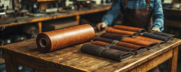 Artisan leather workshop; various shades of leather hides stacked neatly on rustic wooden table.  A large roll of leather is beside them