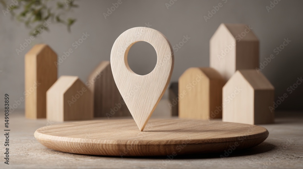 Poster wooden map pin featured as icon for decentralized housing access tracker emphasizing community conne