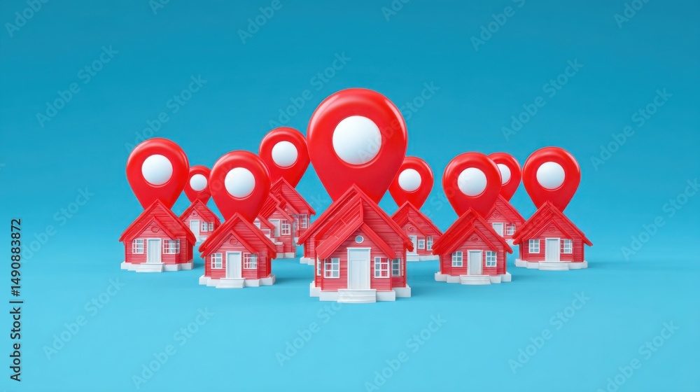 Poster row of houses with distinctive red and white color scheme representing community diversity in housin