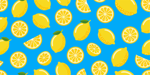 Fresh Lemon Pattern on a Vibrant Blue Background. A bright and cheerful repeating pattern of lemon slices and whole lemons against a vibrant blue backdrop.