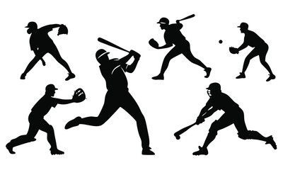 Baseball Player Silhouettes Set in Different Actions - Vector Illustration of Batting, Pitching, Catching, and Fielding Poses for Softball Design Projects 