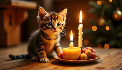 Cute Kitten Sitting by Candle Celebrating a Cozy Moment
