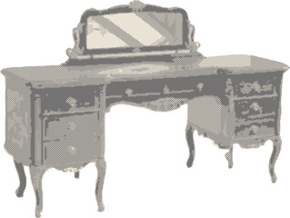 Retro Halftone Vanity Table with Mirror in Beige, Black, and Cream – a Vintage Aesthetic for Nostalgic Interiors and Romantic Styling.

