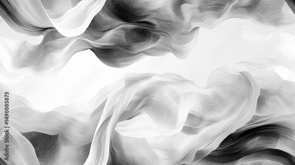 Poster intricate grayscale abstract design of flowing fabrics.