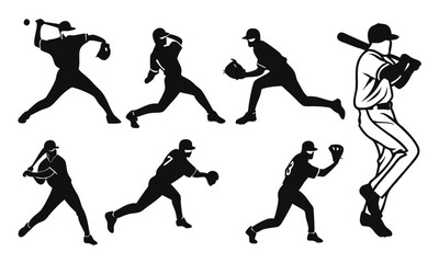 Baseball Player Silhouettes Set in Different Actions - Vector Illustration of Batting, Pitching, Catching, and Fielding Poses for Softball Design Projects 