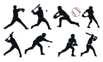 Baseball Player Silhouettes Set in Different Actions - Vector Illustration of Batting, Pitching, Catching, and Fielding Poses for Softball Design Projects 