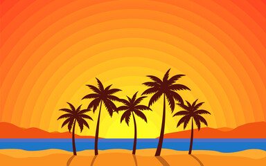 Sunset summer tropical beach with palms trees. Nature and sea landscape vacations. Emphasizing energy and positivity. Bright, cheerful visuals, brochure, website, presentation, business card. Sun