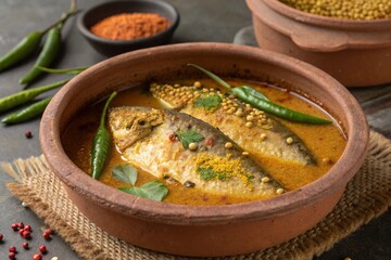Traditional Bangladeshi hilsa fish curry served in a clay bowl, garnished with mustard seeds and green chilies