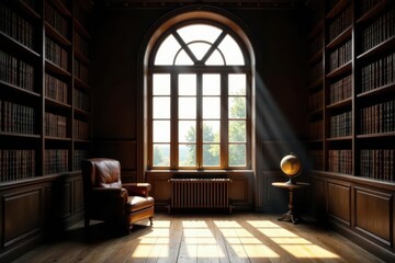 Fototapeta premium Serene library with leather armchair, sunlight streaming through arched window, and globe on pedestal table