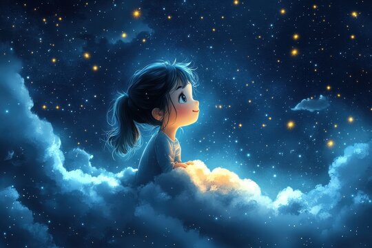 Child gazes at the starry night sky while resting on soft clouds during a calm evening