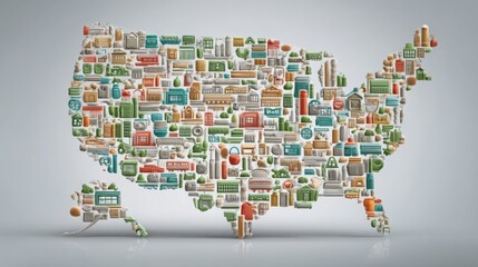 Comprehensive united states map featuring various icons representing different essential goods and their inflation rates