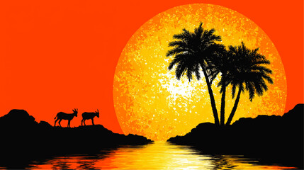 Vivid Vector Illustration of African Sunset Scene with Glowing Orange Sun Palm Trees Silhouettes Water Reflection Antelope Wildlife Nature Landscape Art Background