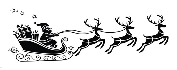 Silhouette of Santa Claus in Sleigh with Reindeer and Presents - Festive Merry Christmas Vector 
