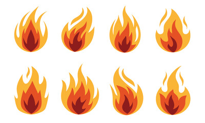 
Flat Fire Flame Icon Vector Illustration Set &ndash; Burning Flames, Campfire, Bonfire on Isolated Background for Fire Hazard, Heat, and Energy Concepts 