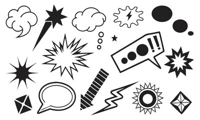 Comic Burst Explosion Vector Silhouette Set – Speech Bubbles, Boom Elements, and Retro Pop Art Illustration for Comic Design 