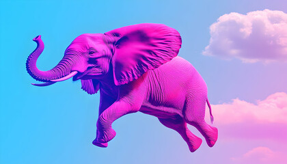 Pink elephant leaping, digitally rendered against a gradient sky with puffy clouds in a surreal, vibrant scene
