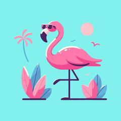 Flamingo vector, cute tropical bird mascot illustration, pink flat exotic animal design for nursery wallpaper, kids seamless background pattern, wildlife summer drawing for beach art and fabri