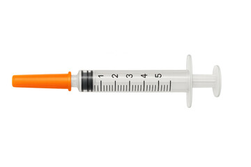 Medical syringe with bright orange cap lying horizontally, showcasing clean design and disposable medical equipment against clear backdrop
