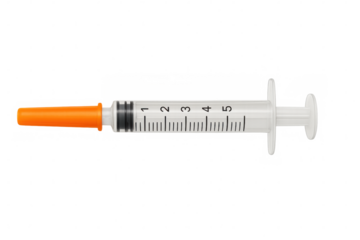 Medical syringe with bright orange cap lying horizontally, showcasing clean design and disposable medical equipment against clear backdrop