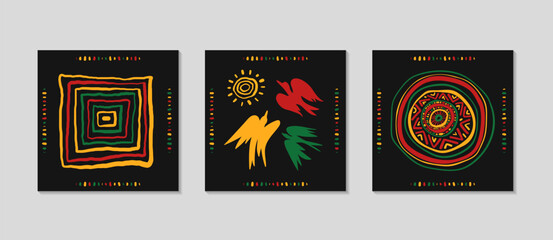 Juneteenth background with abstract geometric ornament, birds of freedom, African pattern. Celebration cards set. Greeting square post background for Social media. Vector flat illustration.
