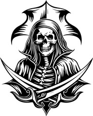 A skull tattoo design blending pirate and Atlantean elements. Grim Reaper with Swords in Dark Artistic Style for Illustrations