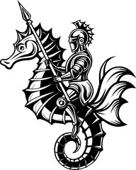 A skull tattoo design blending pirate and Atlantean elements. Knight on a Seahorse with Spear in Bold Black and White Design