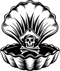 Fototapeta premium A skull tattoo design blending pirate and Atlantean elements. Pirate Skull in Open Shell: Monochrome Nautical Illustration