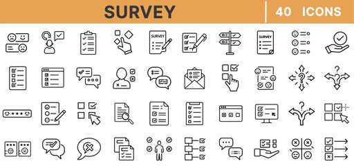 Survey Line Icons – Questionnaire, Poll, Feedback Form, Checkboxes, Multiple Choice, Opinion, Rating, Customer Response, Online Survey, Evaluation Tools