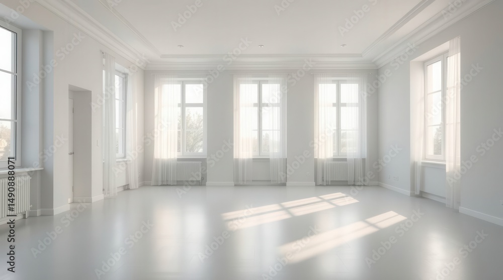 Poster bright, spacious room with multiple windows and natural light, creating a clean and inviting atmosph