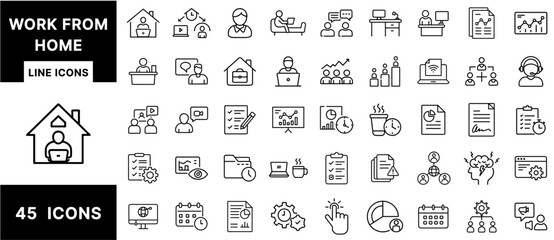Work from Home Line Icons – Remote Office, Virtual Meeting, Laptop, Home Workspace, Productivity Tools, Online Collaboration, Desk Setup, Communication