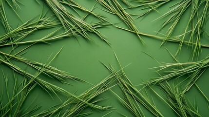 Fresh green grass sprigs arranged on a deep green surface.