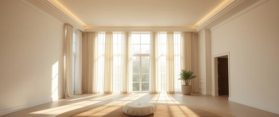Spacious sunlit room with large windows and elegant curtains, minimalist decor and a cozy atmosphere.