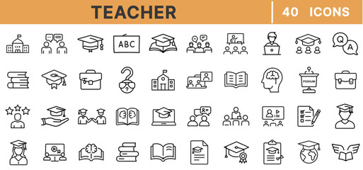 Teacher Line Icons – Education, Classroom, Graduate Cap, Student, Blackboard, Learning, Lecture, School, Tutor, Training, Teacher Desk Set