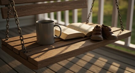 Wooden Swing with Book Coffee Mug and Shoes Cozy Outdoor Relaxation Morning Serenity Slow Living Summer Leisure