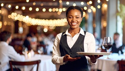 African American Waitress Serving Wine.