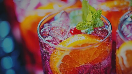 Colorful cocktails with ice and fruits